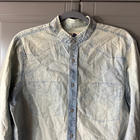 AMERICANINO Italy Mens Blue Acid Wash Band Collar Button Up L/S Shirt, Blue,S - Picture 3 of 10